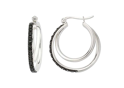 Rhodium Plated Black CZ Studded Hoop Earring